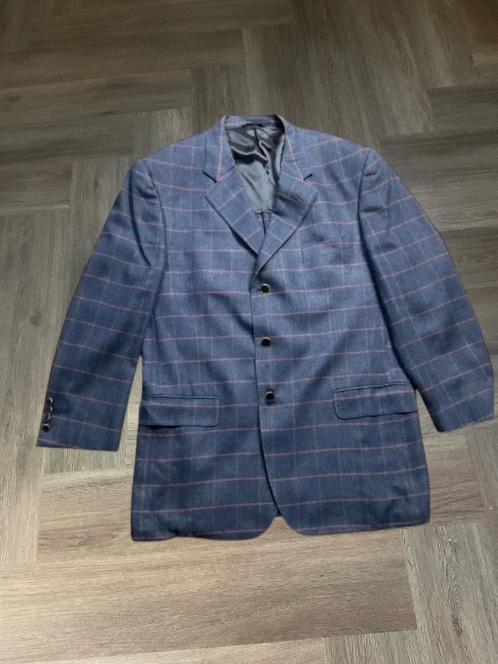 VTG Sartoria Correale Napoli Silk Wool Windowpane Blazer Mens 48R Blue Italy